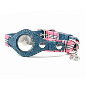 Apple Airtag Collar (Color: Pink Plaid & Denim, size: large)