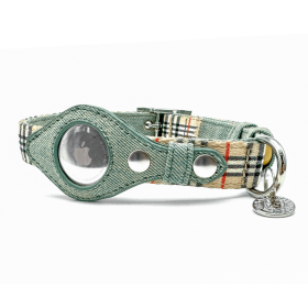 Apple Airtag Collar (Color: Beige Plaid & Denim, size: medium)